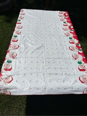 Vintage MCM Christmas Santa Claus Vinyl Tablecloth apprx 69" x 51" Holiday Decor